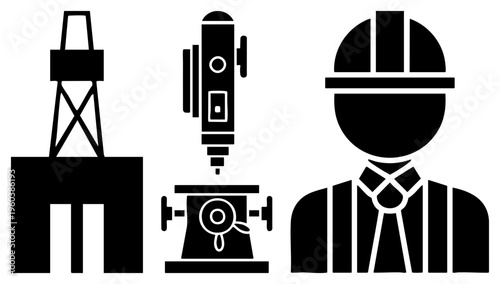 Vector of oil rig, drill rig, and construction worker, minimalist black shapes, industrial labor, energy sector symbols, isolated graphics.