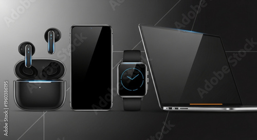 Black electronic devices including earbuds smartphone smartwatch and laptop on a dark background with modern tech accessories