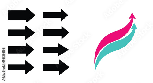 Abstract graphic featuring opposing arrows and a flowing colorful design