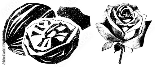 Abstract geometric rose with angular shapes, contrasted with classic rose, both in halftone dot, black and white vector art.