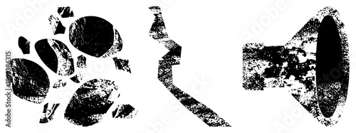 Vector of speaker and soundwave with gritty texture, symbol, stylized equipment, distressed graphic design, black and white halftone.