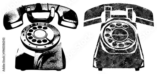 Classic rotary phone rendered in halftone style, side and front views, retro communication device, analog dial telephone, nostalgic tech.