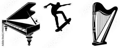 piano, harp, and skateboarder silhouette, minimalist black vector, artistic music and action symbols, isolated graphics.