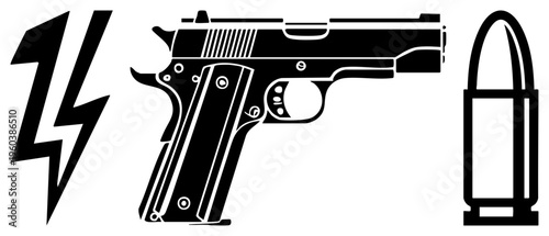 Stylized handgun with bullet and lightning bolt, vector graphic, isolated, firearm symbols, tactical design, flat silhouette, security.