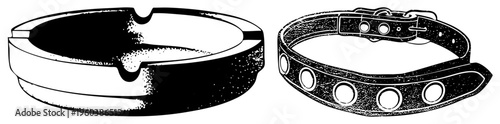 Retro ashtray with textured rim and dog collar with rivets, vector art, black and white, classic design, pet accessory, smoking accessory.
