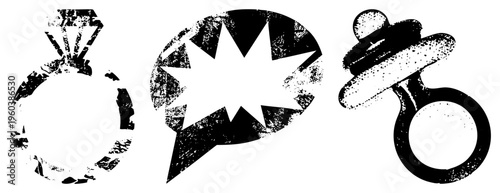 Retro distressed black engagement ring, starburst symbol, baby pacifier graphic design elements with worn texture, vector art for branding or UI.