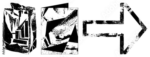 Bold fragmented forms with distressed ink texture, stylized cubist composition, graphic design elements, halftone inspired, modern art abstraction.