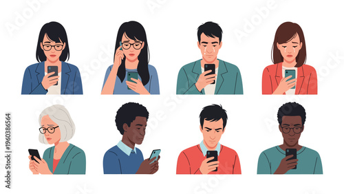 Diverse people focused on smartphones. Digital communication, screen time, and mobile technology usage concept illustration.