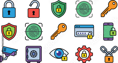 Security protection icons set lock shield fingerprint password safe surveillance authentication privacy cyber safety vector collection symbols
