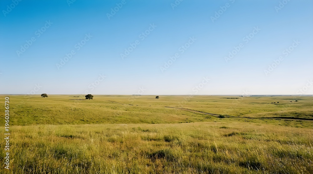 Fototapeta premium Expansive Golden Green Grassland Under Clear Blue Sky With Scattered Trees And Rolling Hills