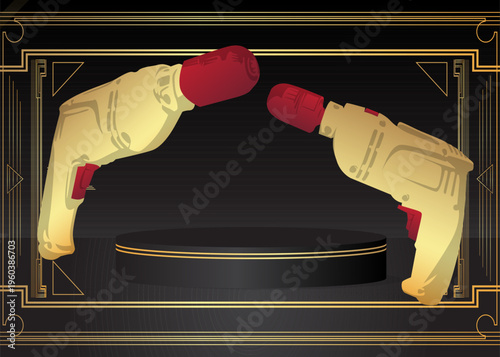 Mockup product display with Drill. Vector cylinder pedestal podium. Stage showcase for presentation. Minimal geometric forms.