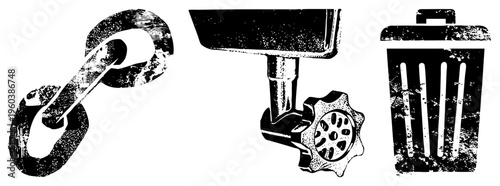 Vector of chain, meat grinder, and trash can rendered in gritty black and white, stylized industrial symbols, mechanical elements, urban waste disposal, food processing equipment.