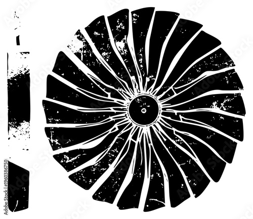 Rotating turbine blade with weathered ink texture, mechanical engineering illustration, industrial gear component, black and white vector art, radial symmetry.