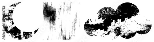 Distressed halftone forms, weathered graphic elements, textured vector silhouettes, abstract design, gritty visual motifs.