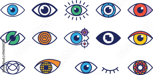 Set of abstract eye icons with colorful geometric designs mystical vision symbols flat vector illustration collection for modern design