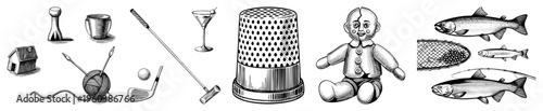 Hand drawn illustrations of household items, leisure tools, and nature motifs, rendered in classic sketch style with fine and hatching.