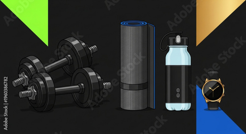 Fitness equipment and accessories including dumbbells a yoga mat water bottle and smartwatch on a black background with colorful triangles