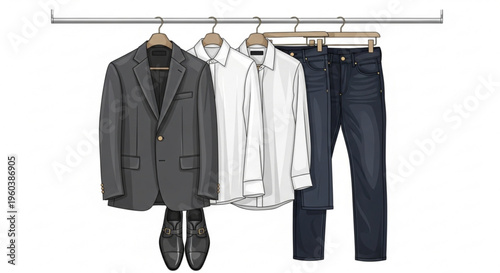 Business attire hanging on a clothing rack with suit shirt jeans and shoes ready for a professional outfit