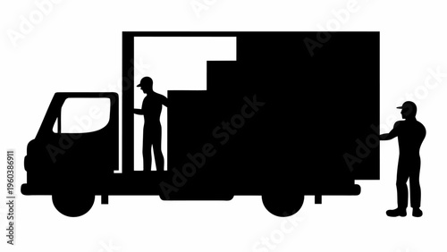 Black silhouettes of warehouse workers loading boxes into a delivery truck