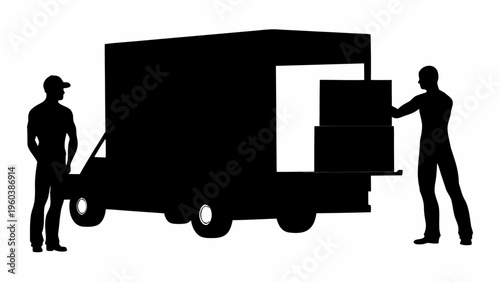 Black silhouettes of warehouse workers loading boxes into delivery truck