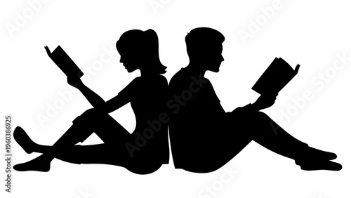 Black silhouettes of two students sitting back to back reading books on floor