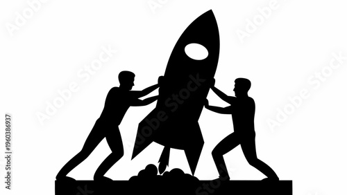 Black silhouette vector of startup team pushing rocket symbolizing collaboration and innovation