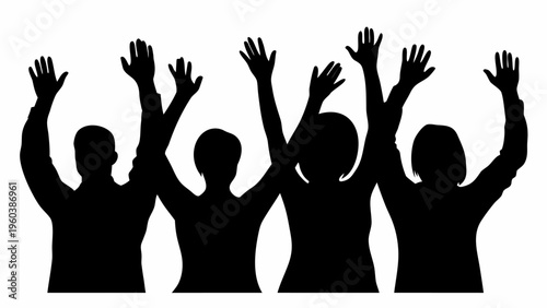Five black silhouettes of people celebrating with raised hands in a vector graphic