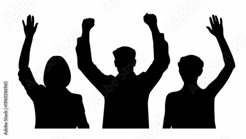 Three black silhouettes of people celebrating with raised arms in triumph