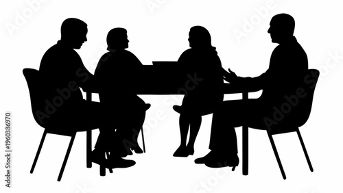 Black silhouettes of four business professionals in modern office meeting
