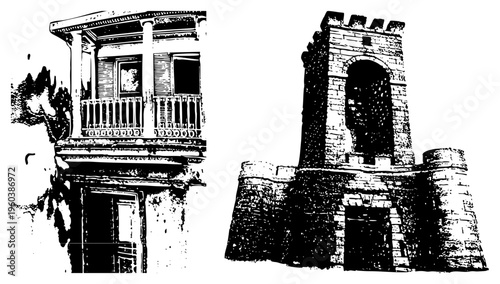 Black and white vector illustration of classical balcony with columns and stone tower, halftone texture, architectural sketch, historic building elements.