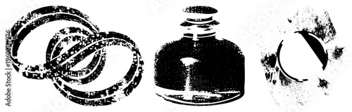 Retro ink bottle, interlocking rings symbol, halftone vector design, graphic, stylized typography elements, distressed texture effect.