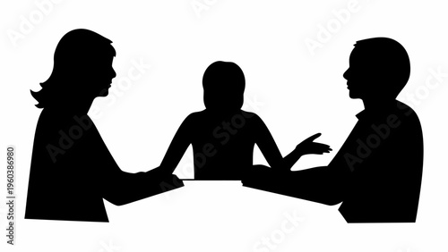 Black silhouettes of business professionals in a modern office meeting setting