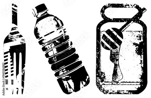 Retro halftone illustrations of eating utensil, plastic beverage container, and honey dipper jar, stylized with distressed textures and bold for graphic design.