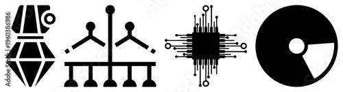 Minimalist black silhouettes diamond shaped headgear, stylized figures on a platform, circuit board, and segmented circular form. Flat vector symbols for UI, tech, or design concepts.