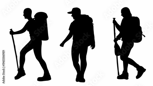 Hikers silhouette collection walking with backpacks and trekking poles