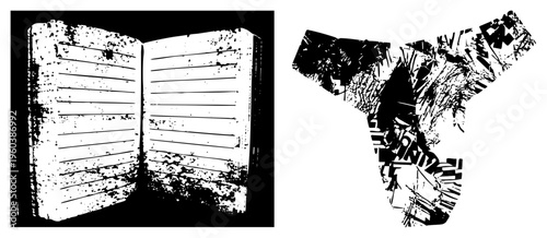 Worn notebook pages with, grunge ink splatter, vintage journal, sketchbook, notepad, creative writing tool, artistic.