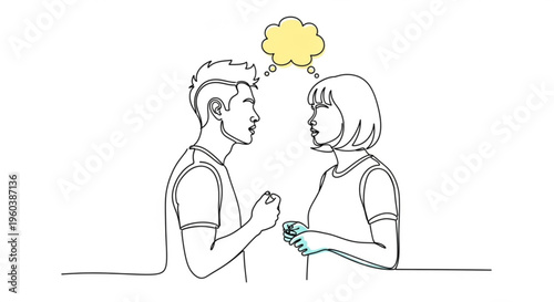 Man and woman in conversation with thought bubble discussion and communication concept