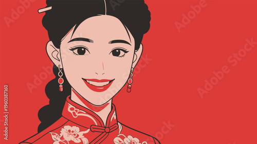 Young woman smiles while wearing traditional red dress against a bold red background during a cultural celebration