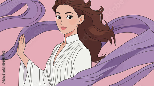 Woman in white clothing with flowing purple fabric on pink background in an animated style