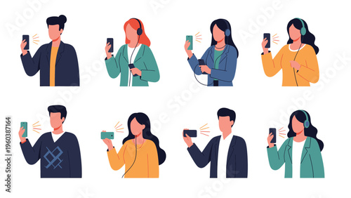 Diverse People Using Smartphones for Voice Messages & Audio Listening. Mobile Communication, Technology & Digital Interaction Set.