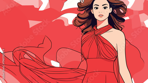 Woman in red dress walks confidently among vibrant background with flowing patterns during daytime