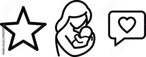 Minimalist mother and baby linear icons for mothers day celebration with star and heart speech bubble