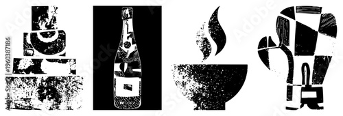 Abstract food/drink in fragmented, textured blocks cake, wine, bowl, coffee mug high contrast graphic vector style.