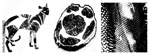 Stylized figure composed of fragmented textures, halftone shading, graphic design, vector art, isolated cat, cutout silhouette, rgba background.