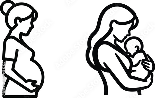 Pregnant woman with hair bun and new mother cradling baby, simple black line art on transparent background