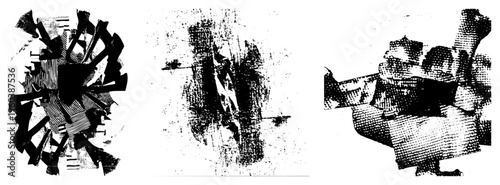 Fragmented angular shapes in high contrast halftone, vector art with textured shading, graphic design elements, digital illustration, stylized composition.