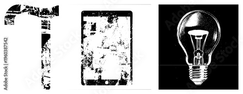 Bold letter T with distressed texture, tablet with glitch effect, classic lightbulb with halftone shading all vector with gritty aesthetic, ideal for modern UI or tech themes.