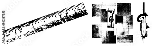 Worn measuring tool with faded markings, fragmented ruler design, graphic art composition, halftone texture, isolated vector elements.