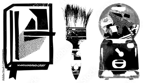 Classic art supplies rendered in bold halftone, including illustrated book, paintbrush, and gumball machine, graphic design elements.