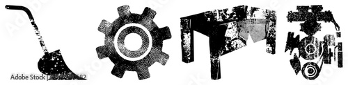 Rusted mechanical elements with halftone grit, industrial tools and machinery, worn textures, vintage factory aesthetic, vector silhouette.